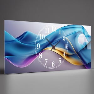 Tempered Glass Wall Clock - Abstract Wave Design - Colorful Modern Glass Wall Art - Large Horizontal Decor for Living Room or Office