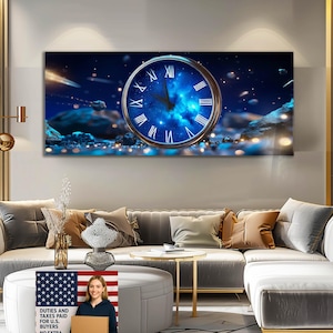 May include: A large wall art piece featuring a clock design with a celestial background. The clock has Roman numerals and a metallic gold frame. The background is a deep blue with stars and meteor-like streaks, creating a cosmic theme.