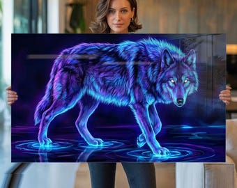 Tempered Glass Wall Art Neon Wolf Artwork, Blue Purple Animal Decor, Fantasy Wildlife Design, Extra Large Wall Art