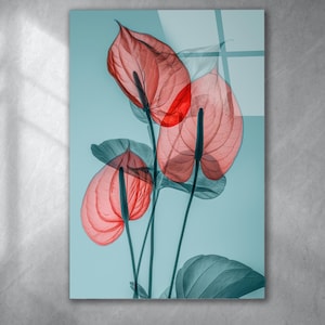 Modern Floral Tempered Glass Wall Art Abstract,Panoramic Wall Art Tempered Glass Backsplash Extra Large Wall Art,Large Glass,Anthurium Decor