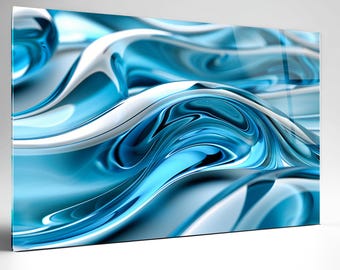 Luxury Abstract Tempered Glass Wall Art Blue, Panoramic Wall Art, Tempered Glass Backsplash Extra Large Wall Art, Wall Art for Mom decor