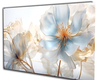 Blue Floral Tempered Glass Wall Art: Modern Flower Decor