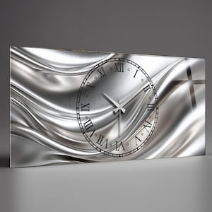 Oversized Tempered Glass Wall Clock – Silver Abstract Metal Wave Art – Luxury Modern Contemporary Wall Decor(20"x43" 50x110 cm)