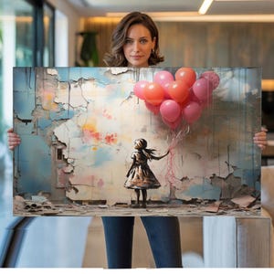 Tempered Glass Wall Art Balloon Girl, Urban Street Art Wall Decor, Pink Graffiti Style Art, Extra Large Wall Art