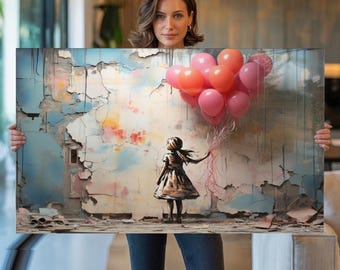Tempered Glass Wall Art Balloon Girl, Urban Street Art Wall Decor, Pink Graffiti Style Art, Extra Large Wall Art