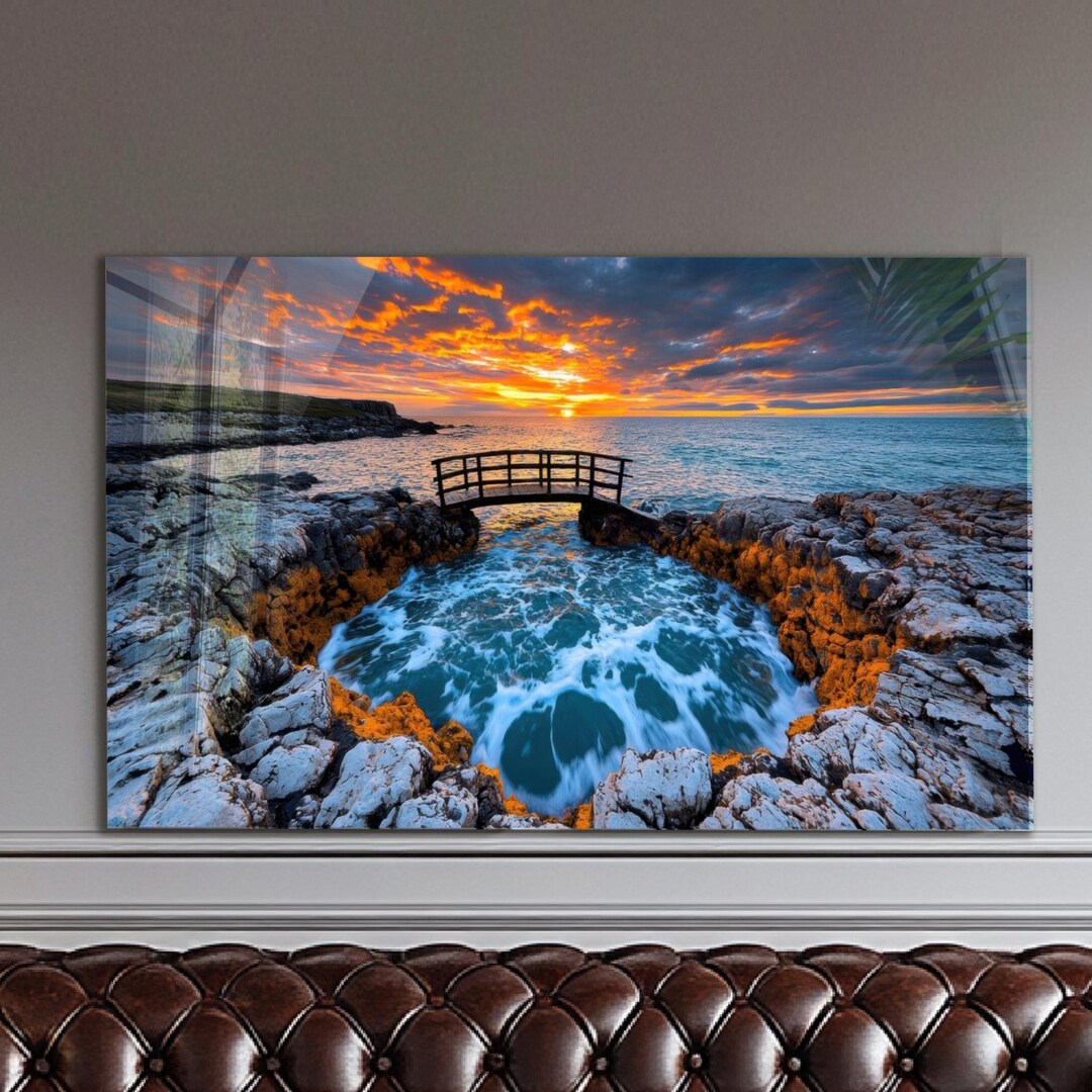Tempered Glass Wall Art Ocean Sunset Bridge Landscape, Extra Large