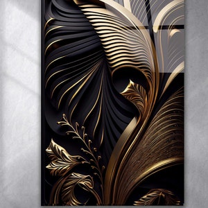 Gold flowers ivy Tempered Glass Wall Art Floral, Panoramic Wall Art Tempered Glass Backsplash Extra Large Wall Art Large Glass Wall Decor