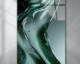Abstract Green Wave Tempered Glass Wall Art: Modern Panoramic Decor