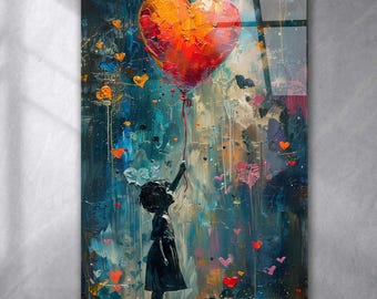Tempered Glass Wall Art Heart Balloon Girl, Red Orange Heart Wall Art, Colorful Abstract Urban Decor, Extra Large Wall Art