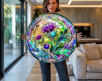Thistle Wall Clock, Oversized Round Tempered Glass Clock, Extra Large Purple Floral Stained Glass Inspired Scottish Decor