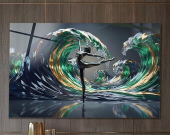 Ballerina Wall Art, Tempered Glass Ballet Dancer with Emerald Ocean Waves, Extra Large Surreal Green Gold Dance Decor