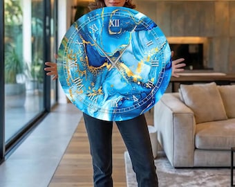 Oversized Wall Clock Blue Abstract Marble Design, Luxury Ocean Blue Wall Clock, Gold Fluid Art Decor, Large Glass Clock