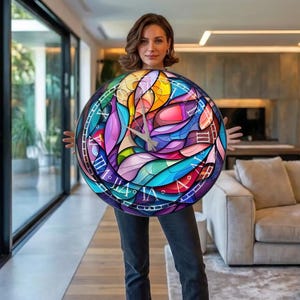 May include: A round wall clock featuring a vibrant, multi-colored stained glass pattern with swirling shapes in shades of blue, purple, yellow, and red. The clock face displays white Roman numerals and has two thin, silver-colored metal hands.