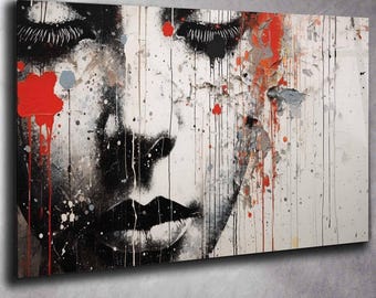 Tempered Glass Wall Art Abstract Woman Face, Black White Red Portrait Wall Art, Modern Fashion Decor, Extra Large Wall Art