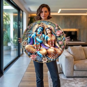 Oversized Wall Clock Radha Krishna Design, Hindu Spiritual Wall Clock, Indian Religious Decor, Large Glass Clock