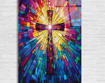 May include: A vibrant stained-glass image of a cross. The cross is centrally positioned, rendered in shades of red, purple, and brown, with a bright light at its core. The background is a mosaic of colourful geometric shapes.