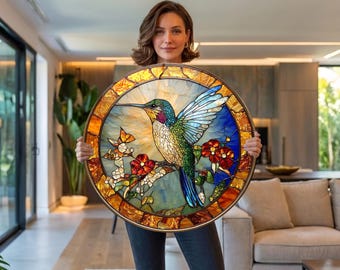 Round Tempered Glass Wall Art Stained Glass Hummingbird Wall Decor Colorful Bird Wall Art Floral Nature Round Wall Decor Gift Round, 28"x28"