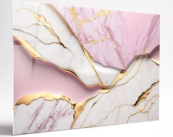 Tempered Glass Wall Art, Pink White Gold Marble (Extra Large Panoramic)