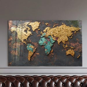 Väggkonst i härdat glas Lyxig världskartadesign, extra stor väggkonst med guldstrukturerade kontinenter, panoramautsikt över vardagsrummet