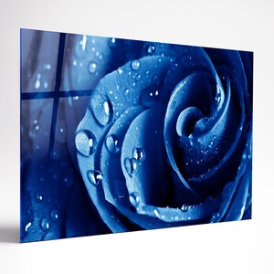 Blue Rose Tempered glass Wall Art, Floral Extra large glass Wall art, Uv printing, Stove Backsplash, Unique Wall Clock, Wall Art For Mom