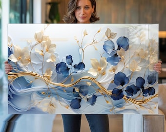 Blue Floral Tempered Glass Wall Art: Modern Panoramic Decor