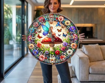 Fairy Wall Clock, Oversized Round Tempered Glass Clock, Extra Large Enchanted Mushroom Garden Decor, Colorful Stained Glass Style