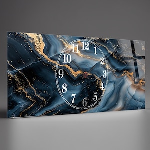 Tempered Glass Abstract Wall Clock, Abstract Style Blue Marble Glass Wall Clock, Housewarming Gift,Unique Home Decor extra large clock
