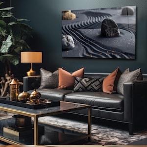 Zentuin kunst aan de muur gehard glas, kalmerende Japanse rotstuinpaneel, minimalistisch meditatiekamerdecor, kunst aan de muur slaapkamer, gratis verzending in de VS,