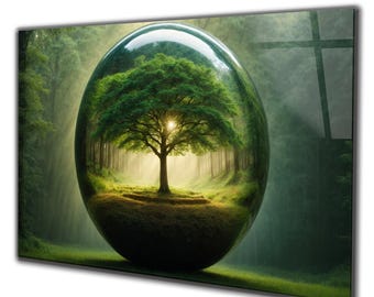 Surreal Tree Wall Art, Tempered Glass Art, Large Green Forest Nature Wall Decor, Mystical Botanical Modern Living Room Statement Art