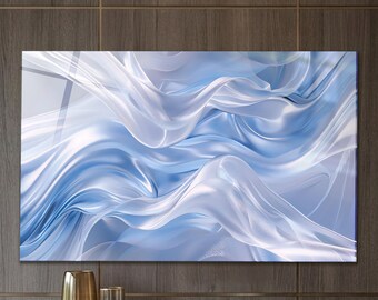 Ice Blue Wall Art, Tempered Glass Silver White Flowing Silk Abstract, Extra Large Minimalist Modern Living Room Decor