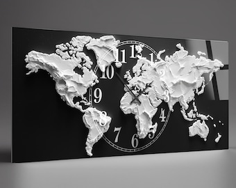 Oversized World Map Wall Clock, Tempered Glass Art (20"x43")