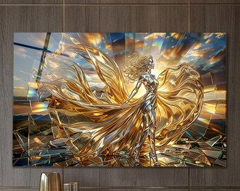 Golden Woman Wall Art, Tempered Glass Flowing Gold Dress Fashion Portrait, Extra Large Glamorous Modern Living Room Decor