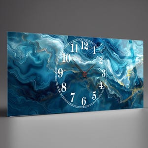 Tempered Glass Abstract Wall Clock, Abstract Style Blue Marble Glass Wall Clock, Housewarming Gift,Unique Home Decor extra large clock