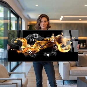 Överdimensionerad väggklocka i härdat glas, abstrakt konst, personlig klocka (20"x43")