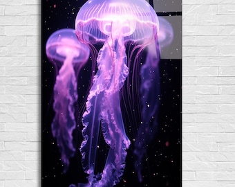 Cuadro de pared de medusas de neón en vidrio templado: decoración marina moderna.