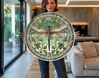 Tempered Glass Round Wall Clock Oversized Wall Clock Dragonfly Clock, Art Nouveau Wall Clock, Silent Large Wall Clock, Botanical Decor