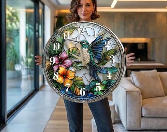 Hummingbird Wall Clock, Oversized Round Tempered Glass Clock, Extra Large Stained Glass Inspired Floral Bird Decor, Turquoise Garden Art