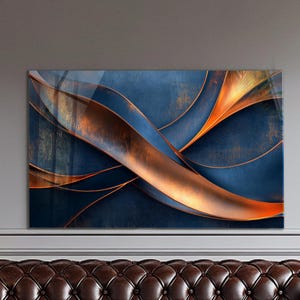May include: Abstract wall art featuring flowing, layered shapes in shades of navy blue and copper. The artwork has a textured appearance, with a glossy finish. The design creates a sense of movement and depth, suitable for modern home decor.