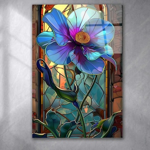 Tempered Glass Stained Flower Panel, Extra Large Wall Art