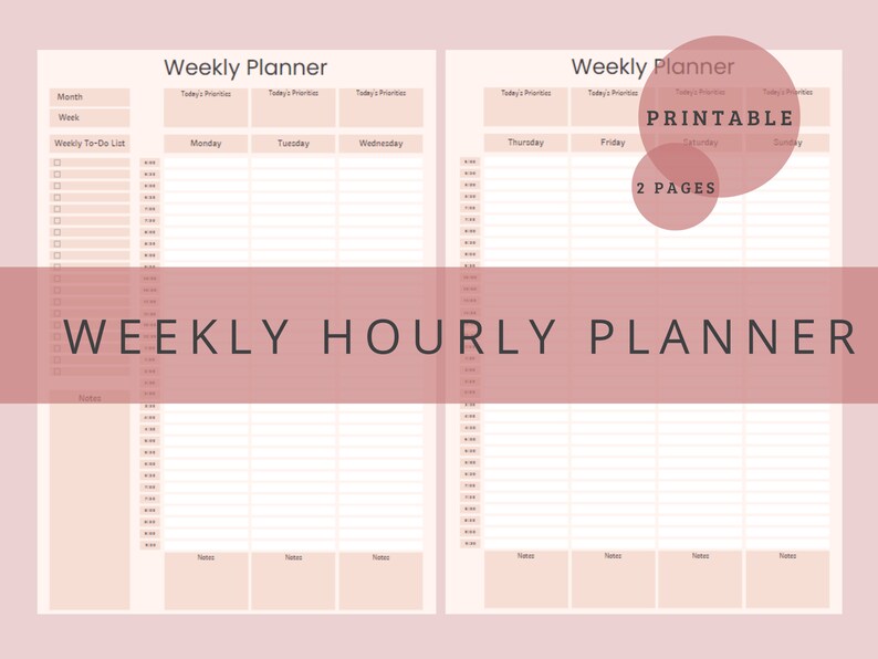 Printable Weekly Planner Hourly Planner Week on 2 Pages Etsy