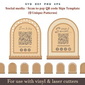 Qr Code Sign svg, Scan to pay Social Media Zeichen Vorlage, 9er Set Acryl Holz Display Stand Zeichen Vorlage Glowforge SVG Dxf Laser cut Dateien
