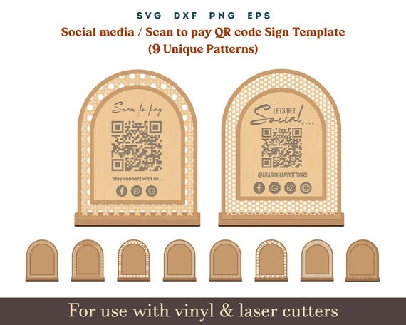Qr code sign svg, Scan to pay social media sign template, 9 Set Acrylic wooden Display Stand Sign Template Glowforge SVG Dxf Laser cut Files
