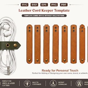 Może przedstawiać: Cyfrowy szablon Leather Cord Keeper w formatach SVG, DXF, EPS, PNG i PDF. Obraz przedstawia osiem wzorów brązowych skórzanych pasków z metalowymi zatrzaskami oraz biały przewód zabezpieczony oliwkowozielonym skórzanym uchwytem z zatrzaskiem.
