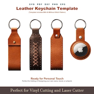 Leather Keychain SVG, Air Tag Keychain SVG, Leather Keychain Template With Sewing Stiches Pattern, Glowforge Laser Cut File Bundle Svg