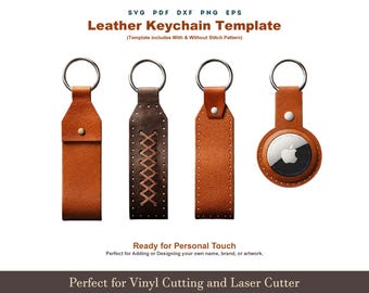 Leather Keychain SVG, Air Tag Keychain SVG, Leather Keychain Template With Sewing Stiches Pattern, Glowforge Laser Cut File Bundle Svg