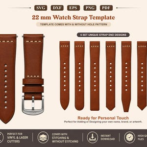 SVG-Vorlage für ein Lederarmband für Uhren, 22 mm breites Uhrenarmbandmuster, PDF auf einem 8,5 x 11 Zoll großen Blatt, Armbanduhrarmband für Cricut Glowforge DXF