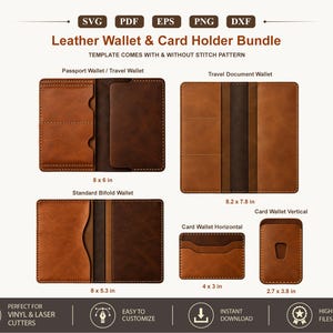 Leather wallet SVG Bundle Template, Passport Wallet Svg, PDF Bifold Travel Card Cash wallet, Cricut Glowforge Leather Laser Cut file DXF