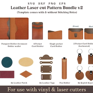 Leather laser Pattern svg cut file Bundle, leather keychain svg, passport holder, card wallet svg, leather patch svg, leather pen holder svg