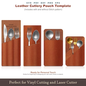 Pode incluir: Um conjunto de modelos de bolsas para talheres em couro castanho, cada um com talheres. As bolsas variam em tamanho e incluem uma faca, uma colher e um garfo. O texto na parte superior diz "Leather Cutlery Pouch Template". O texto na parte inferior diz "Perfect for Vinyl Cutting and Laser Cutter".