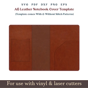 Plantilla SVG de portada de diario de cuero, patrón PDF de portada de cuaderno de cuero A6 con puntadas de costura, funda para cuaderno, archivos láser de cuero Glowforge